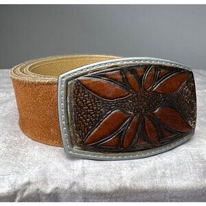 Size 38 1973 Handcrafted Brown Floral Leather Belt Intricate Buckle by Gonys